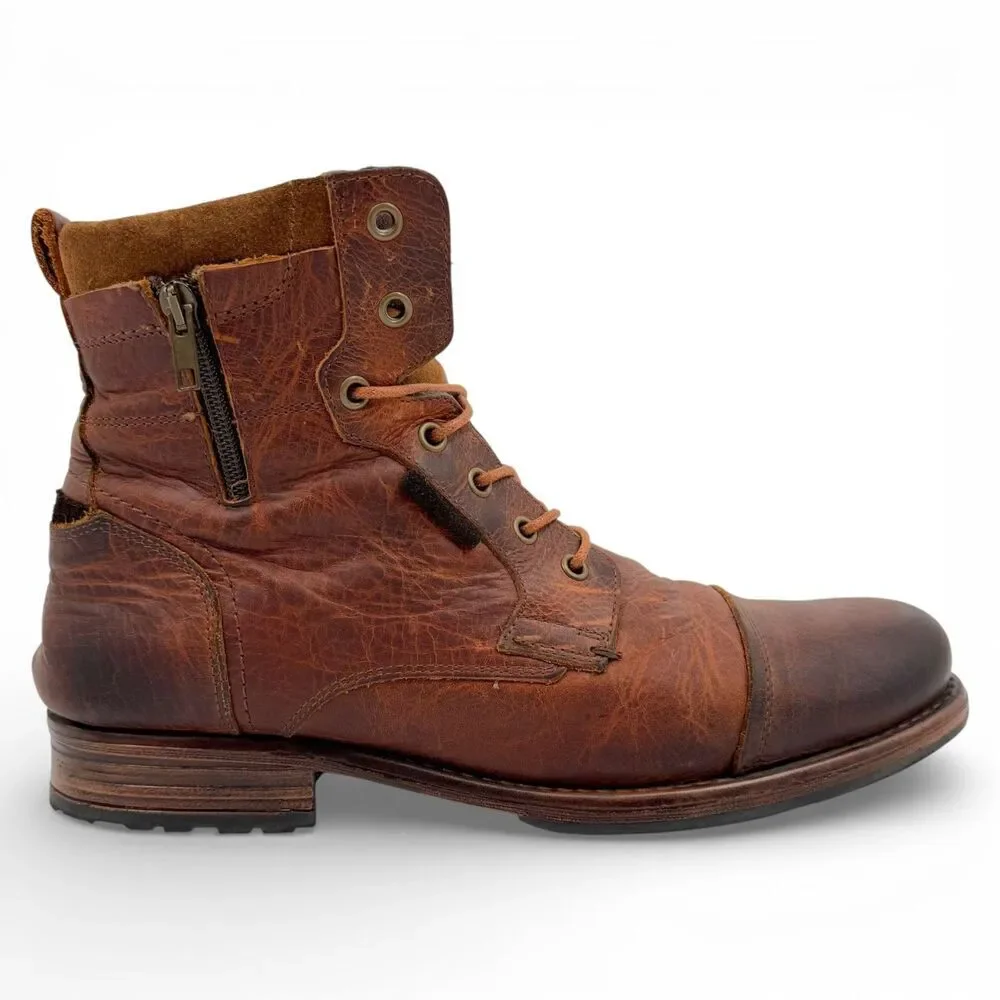 Freebird Men's Distressed Leather Lace Up Zipper Cap Toe Boots Brown EU45/US12